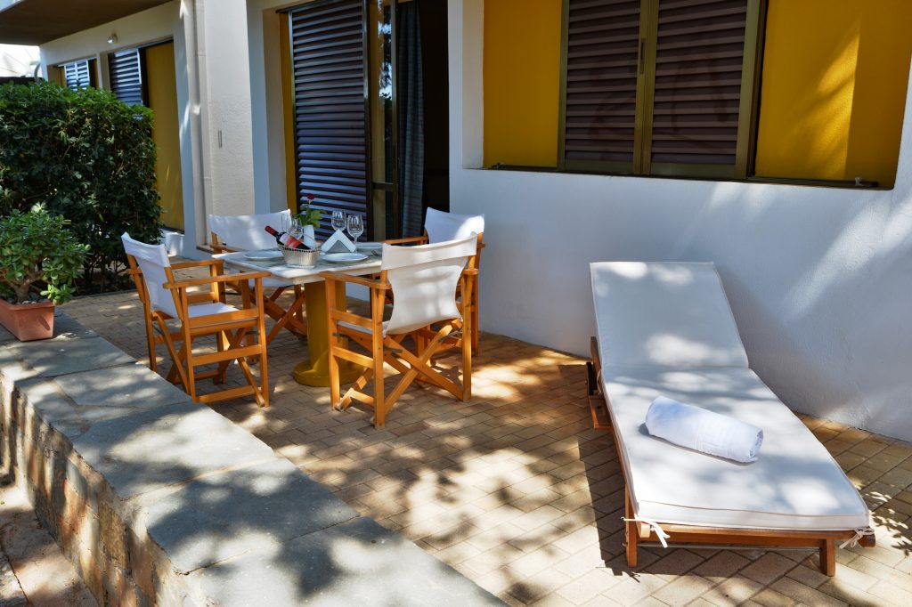 Ground floor patio of Creta Solaris Holiday Apartments Stalida Crete